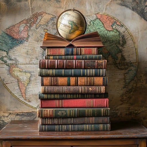 Stack of antique books with open book and globe on top, against a world map.