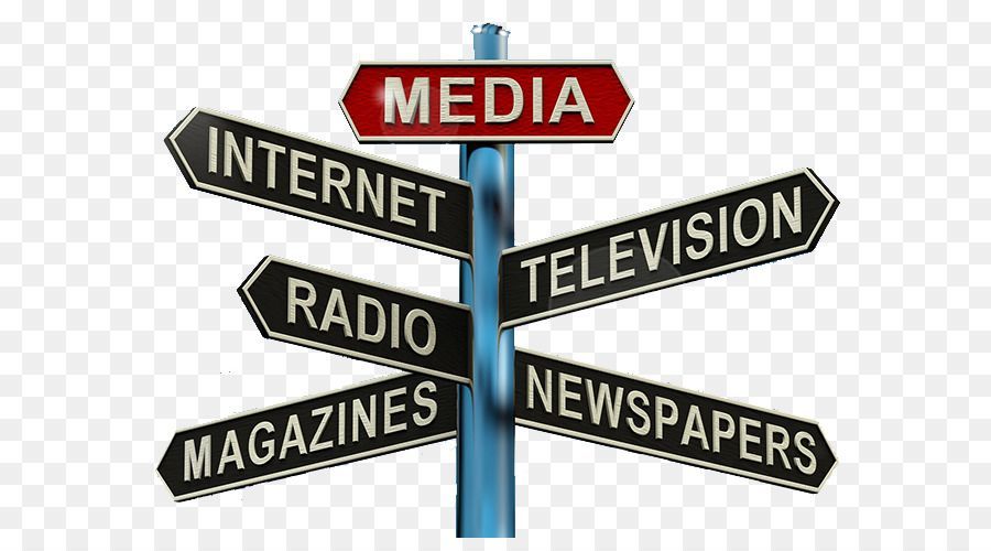 Signpost with MEDIA at the top, pointing toward INTERNET, RADIO, MAGAZINES, TELEVISION, NEWSPAPERS.
