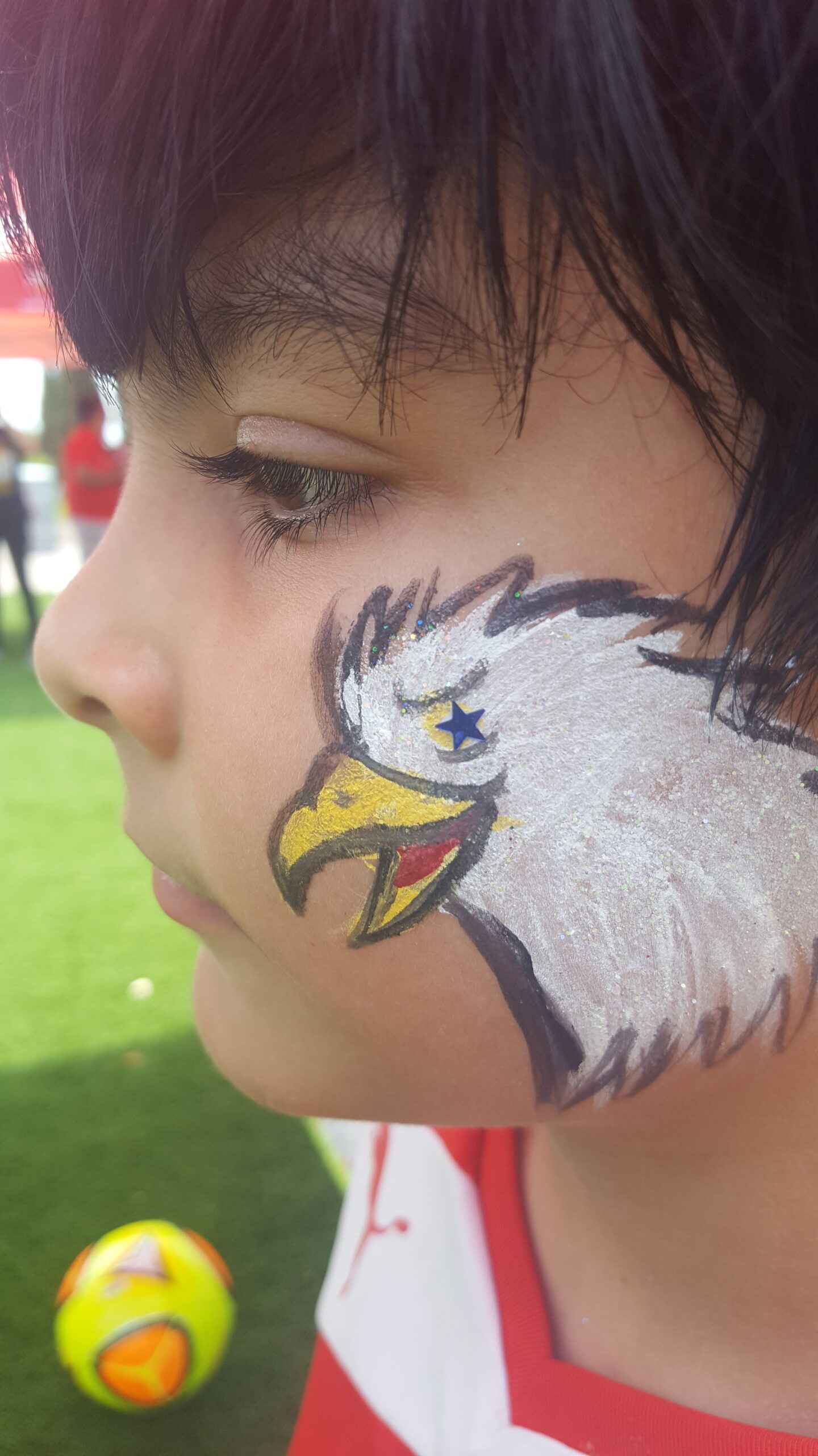 A young boy has an eagle painted on his face.