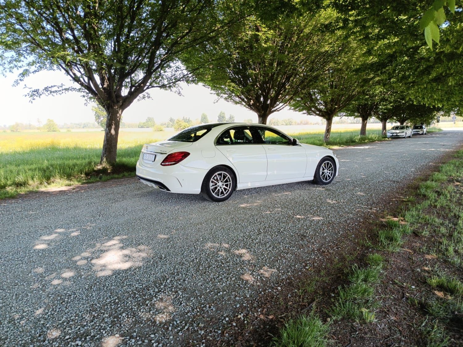 Una berlina bianca parcheggiata su una strada sterrata sotto gli alberi, accanto a un campo soleggiato.
