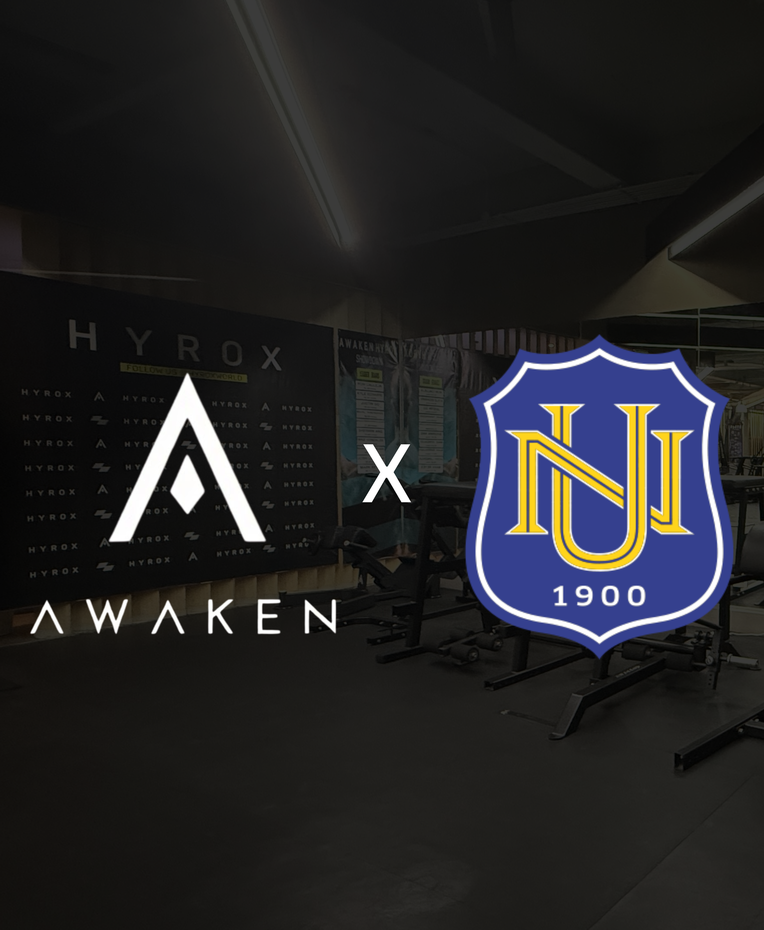 A promotional graphic showing the AWAKEN logo next to the NU 1900 sports crest, overlaid on a dark, dimly lit gym background.