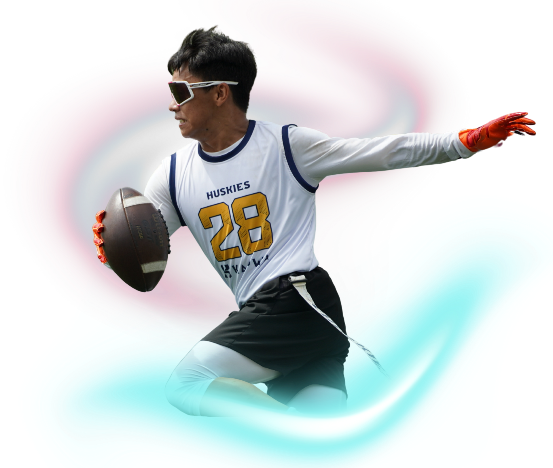 A flag football player wearing a white jersey with the number 28, black shorts, and sunglasses, running with a football.