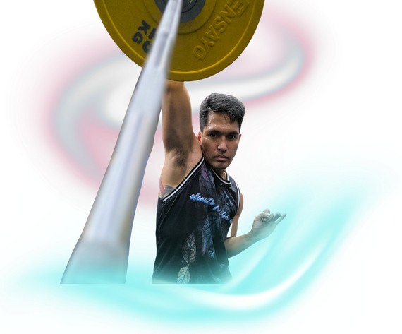 A weightlifter holds a yellow barbell plate overhead against a white background with stylized blue and pink graphic trails.