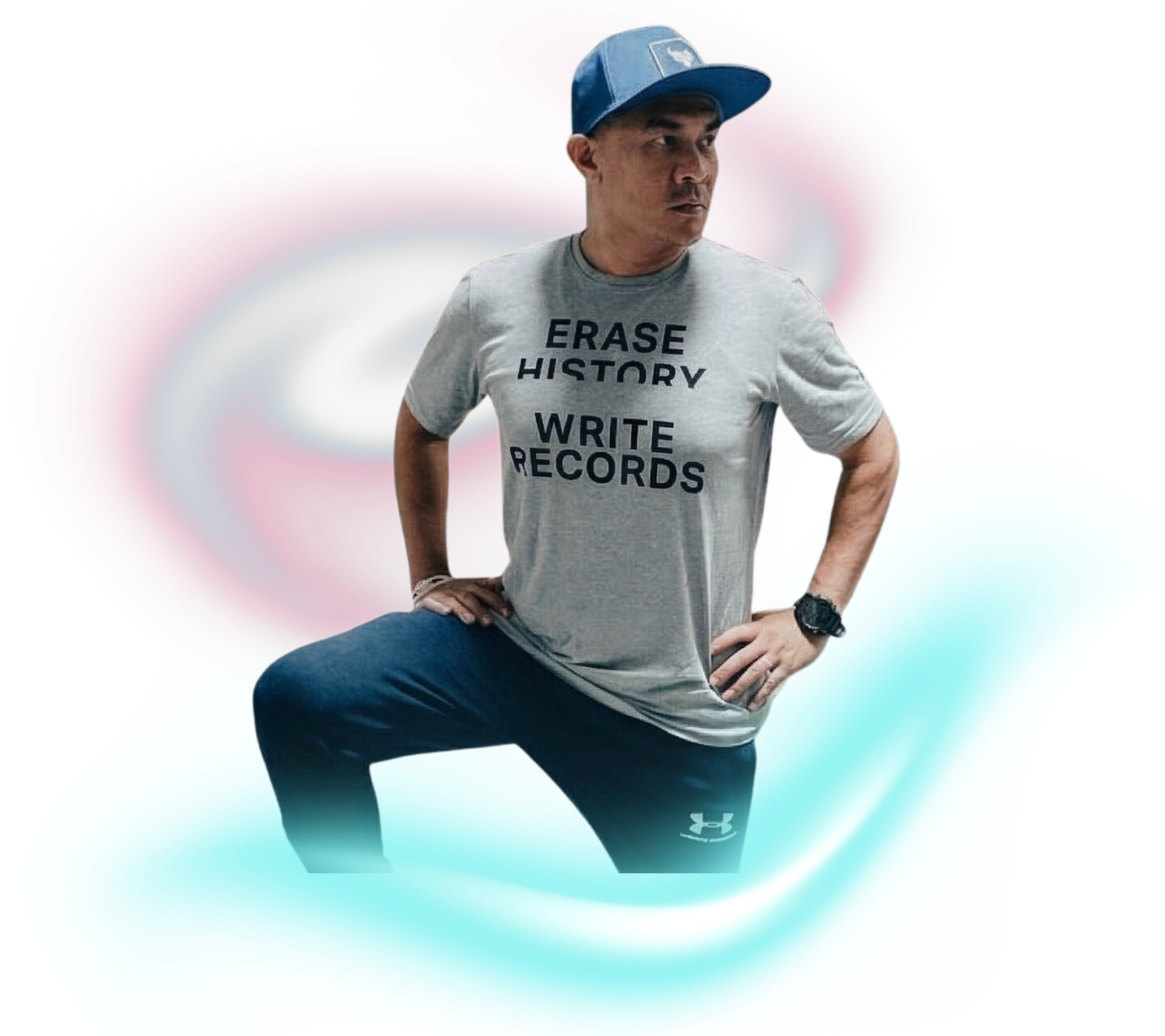 A person wearing a blue cap and grey t-shirt with 