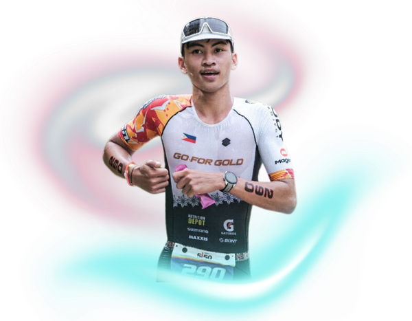 A triathlete wearing a white and orange jersey, sunglasses, and a race bib runs, set against a stylized, swirling background.