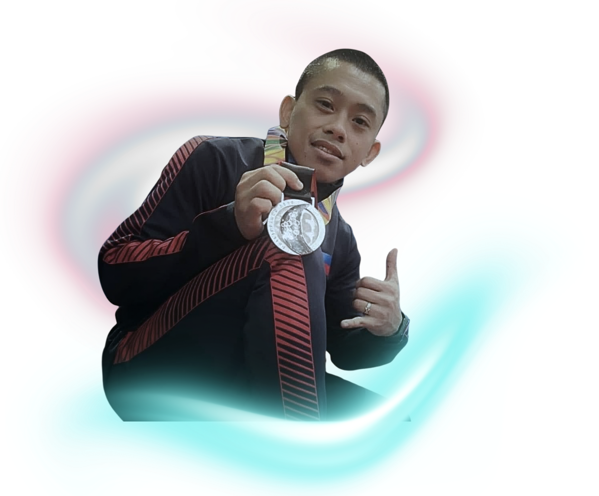 A person in a black and red athletic jacket smiles while holding a silver medal, flashing a shaka hand gesture.