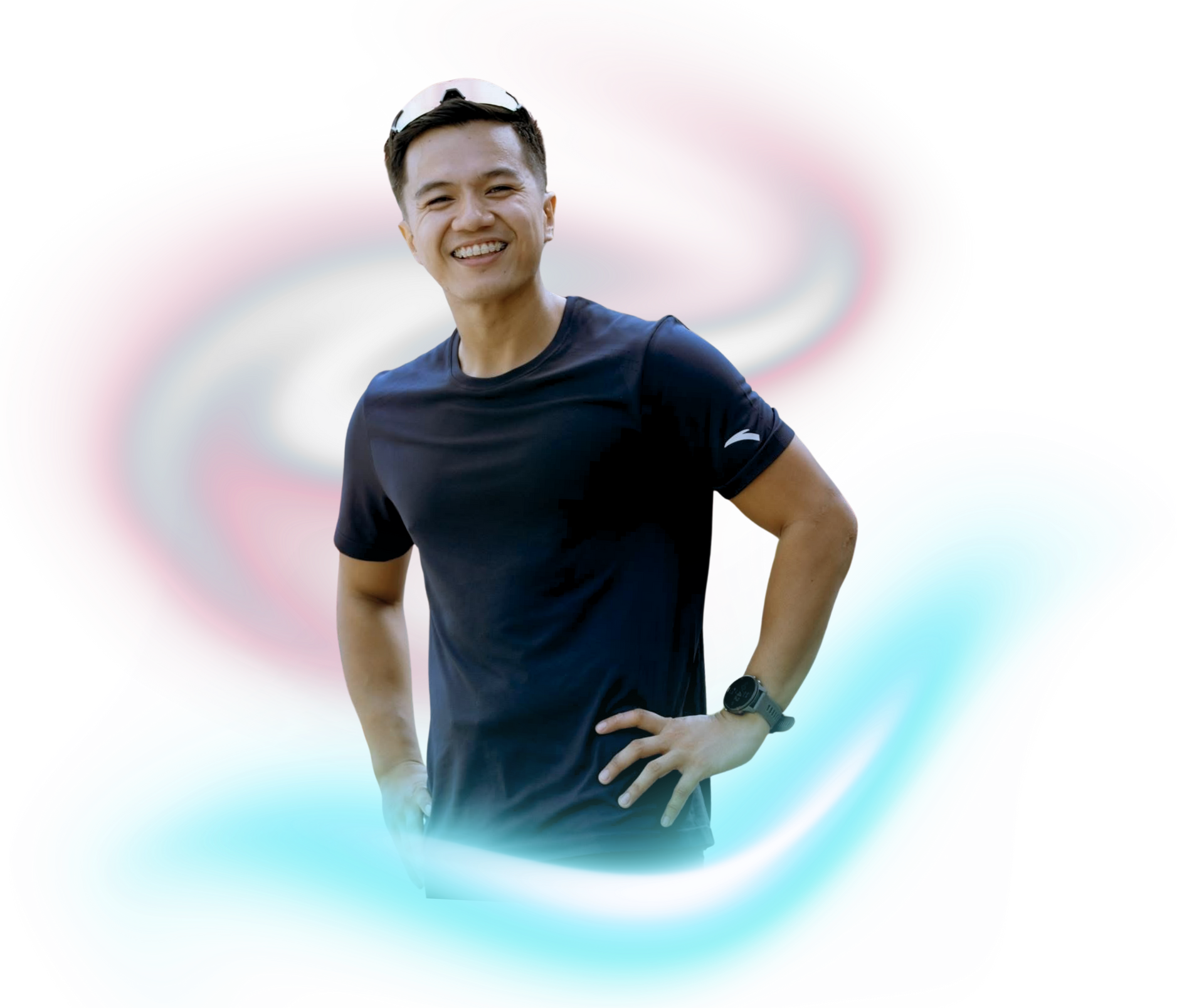 A weightlifter holds a yellow barbell plate overhead against a white background with stylized blue and pink graphic trails.