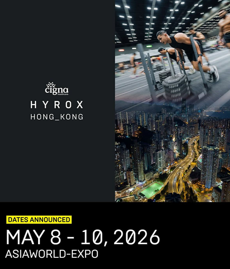 Event poster for HYROX Hong Kong, featuring athletes and city views, May 8–10, 2026, at AsiaWorld-Expo.