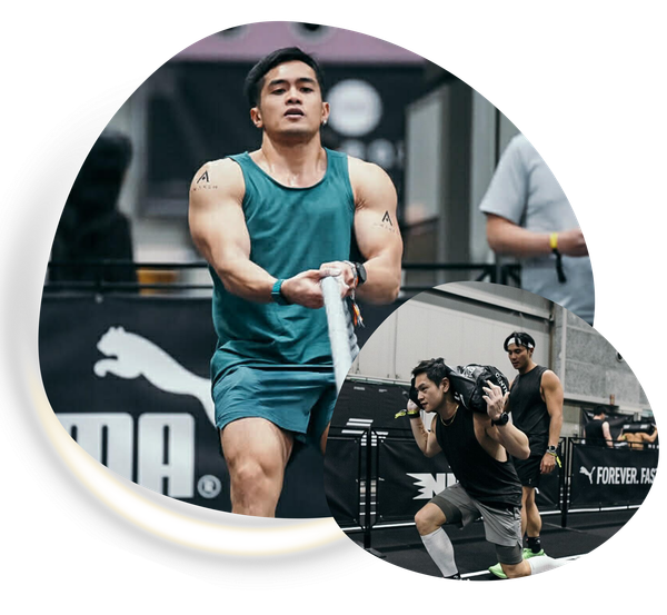 An athlete in a green tank top exercises in an indoor gym with a Puma logo visible on a backdrop.