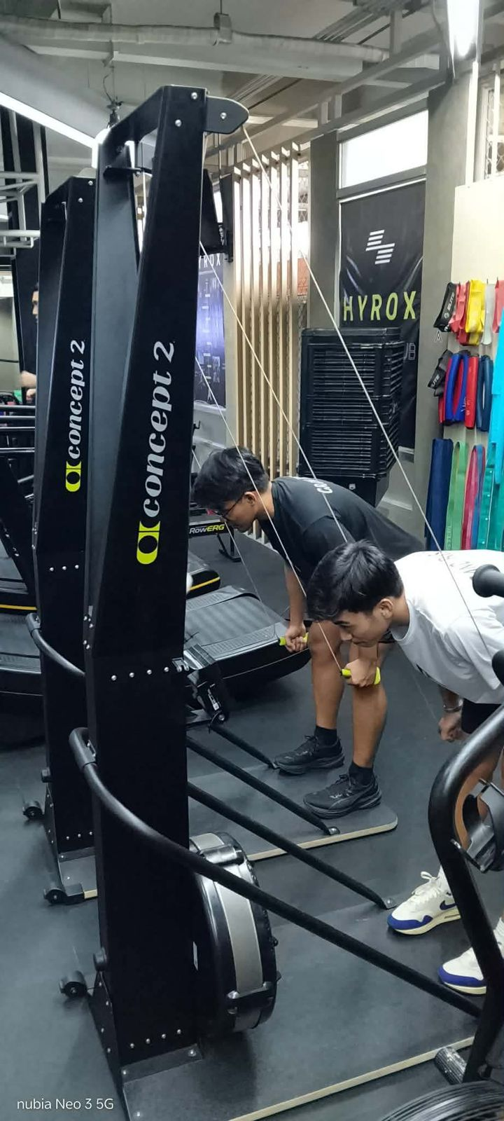 Two people in a gym using Concept2 SkiErg machines, pulling on handles while standing upright.