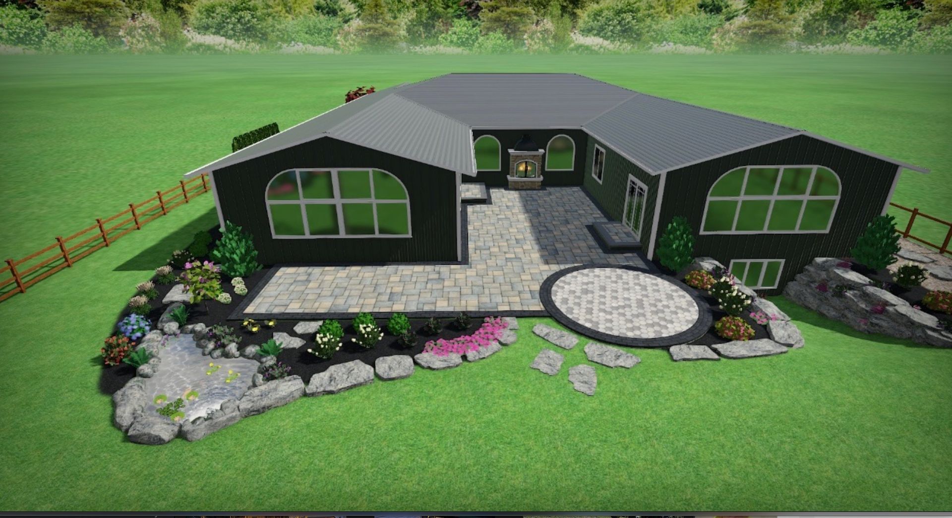 Rendered view of a modern dark house with a stone patio, landscaping, and a green lawn.