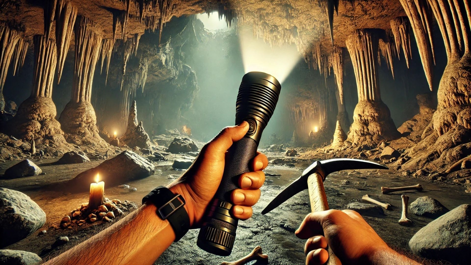 Hand holding a flashlight in a cave with stalactites, illuminating a pickaxe and candles.
