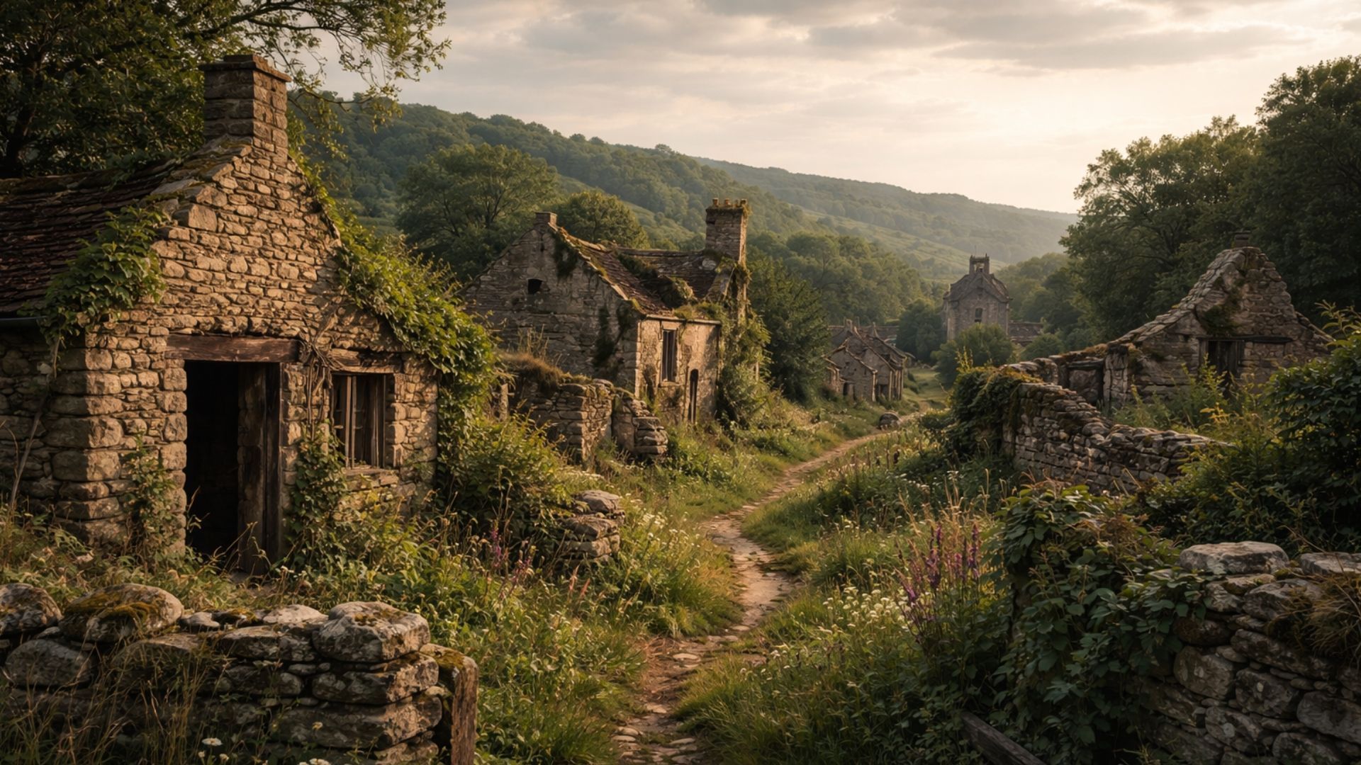 Stone ruins of a village overtaken by greenery, nestled in a valley with a cloudy sky.
