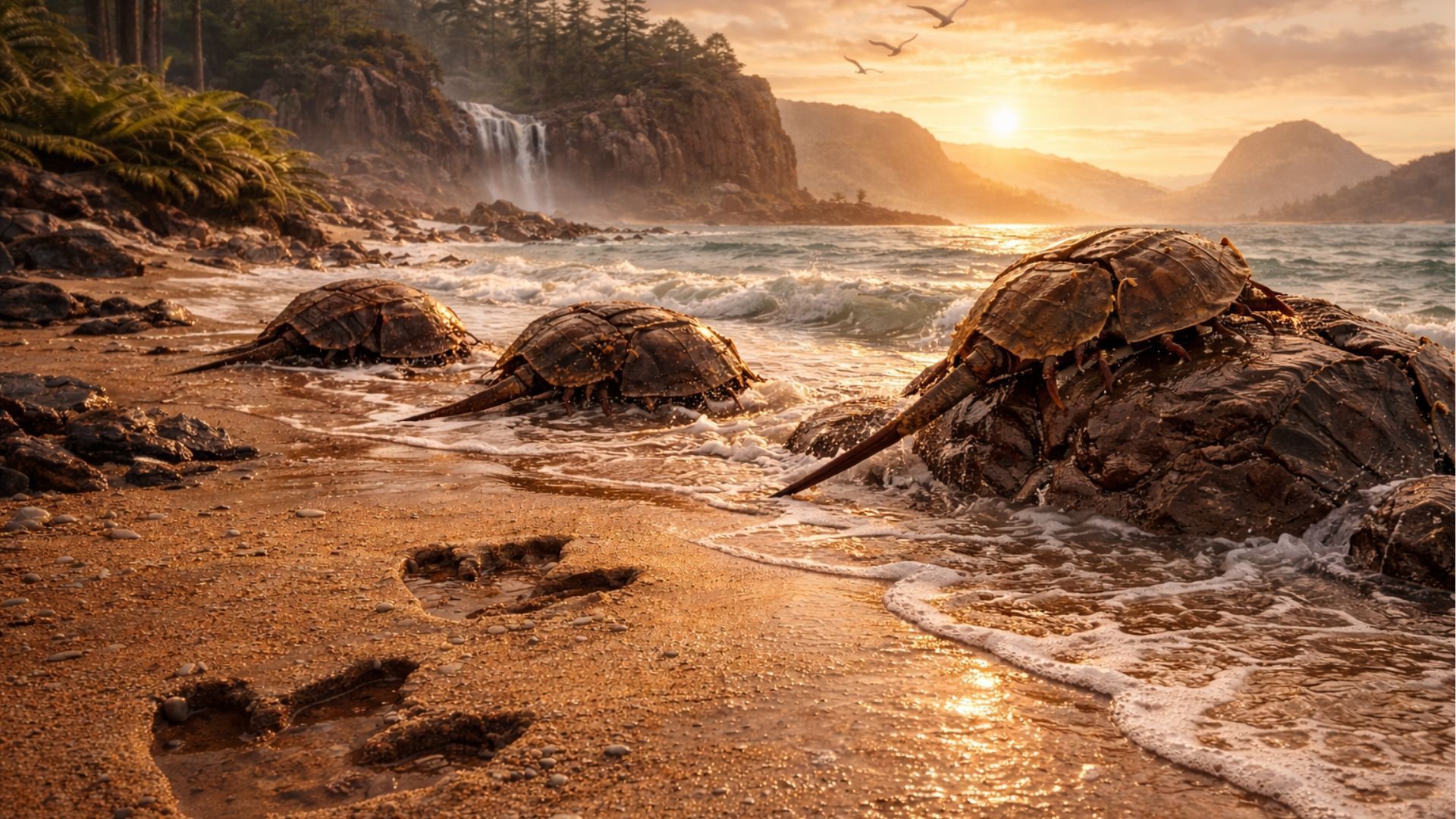 Horseshoe crabs on a sandy beach at sunset, near a waterfall and mountains.