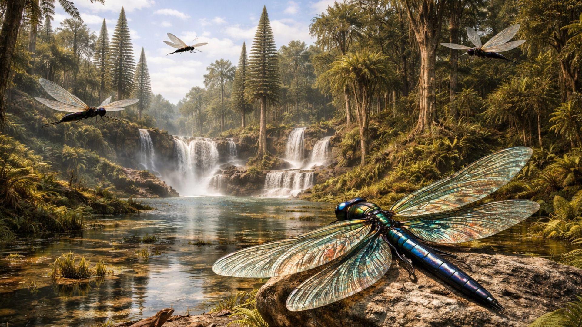 Giant dragonfly near a waterfall in a prehistoric forest with large trees and flying insects.