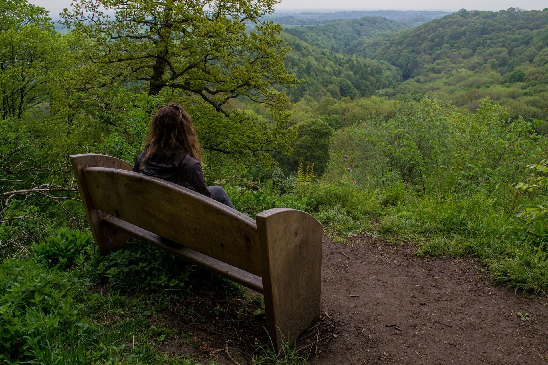 Woman sitting on a bench overlooking a green valley. Overcast sky.