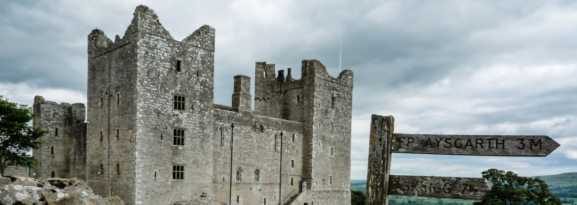 Stone castle ruins under a cloudy sky with a signpost pointing to Wygarth 3M.
