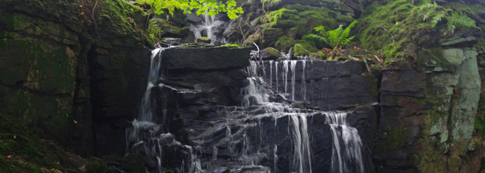 A waterfall cascades down mossy, layered rocks in a shaded, green forest.