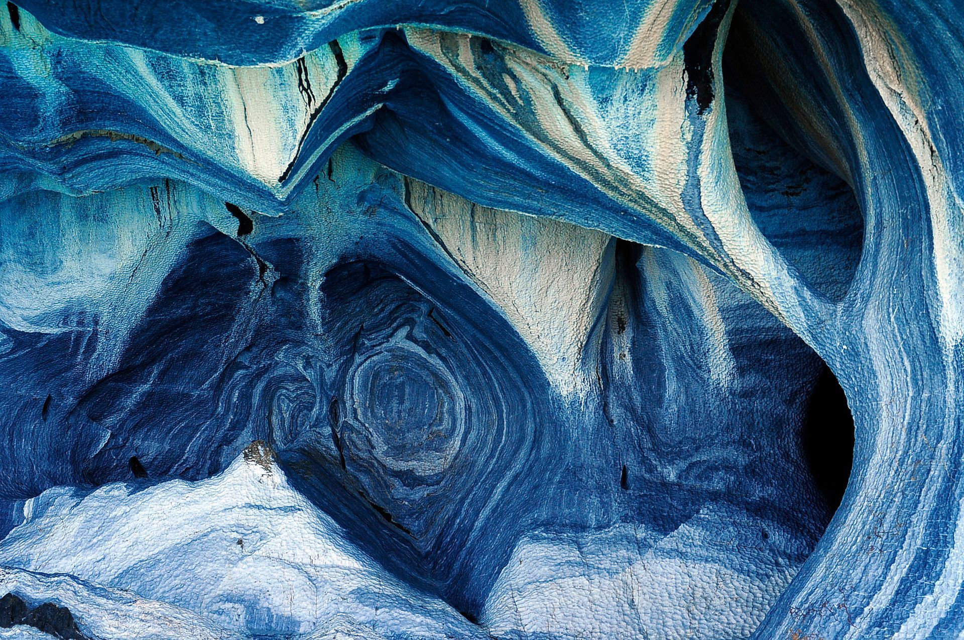 Blue and white marble cave formations.