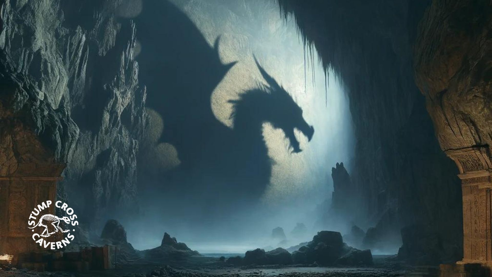 Dragon shadow cast on a cave wall with stalactites, glowing in blue light.