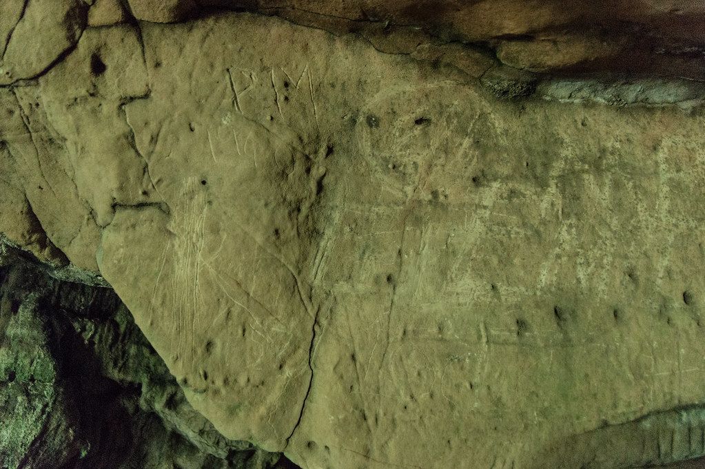 Cave wall with ancient carvings, possibly animal figures, etched into the stone.