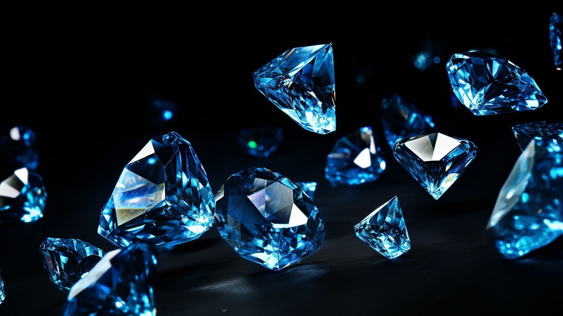 Floating, sparkling blue diamonds against a black background.