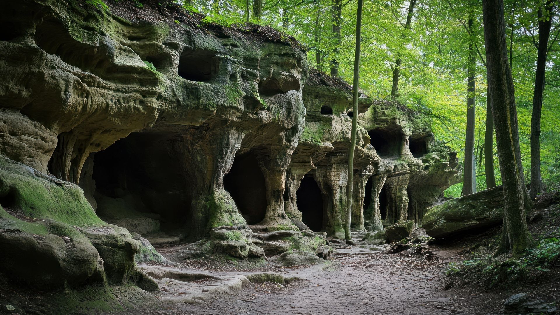 Caves carved into sandstone cliffs in a forest, with arch-shaped entrances and green foliage.