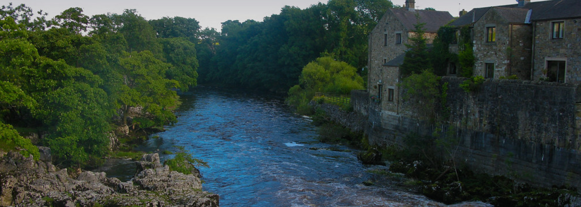River flowing through a green landscape with buildings on the right bank.