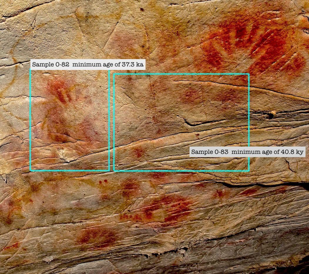 Cave wall with red hand stencils and markings, annotated with age ranges in thousands of years.