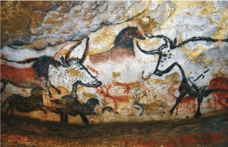 Cave painting of various animals, including horses and bulls, in reddish-brown, black, and white colors.