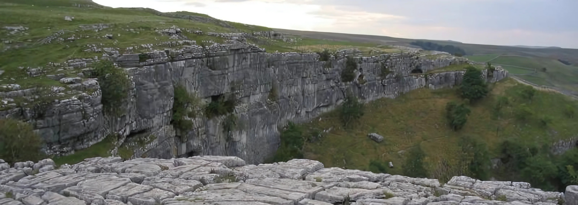 A rocky cliff with grassy areas and sparse trees under a cloudy sky.