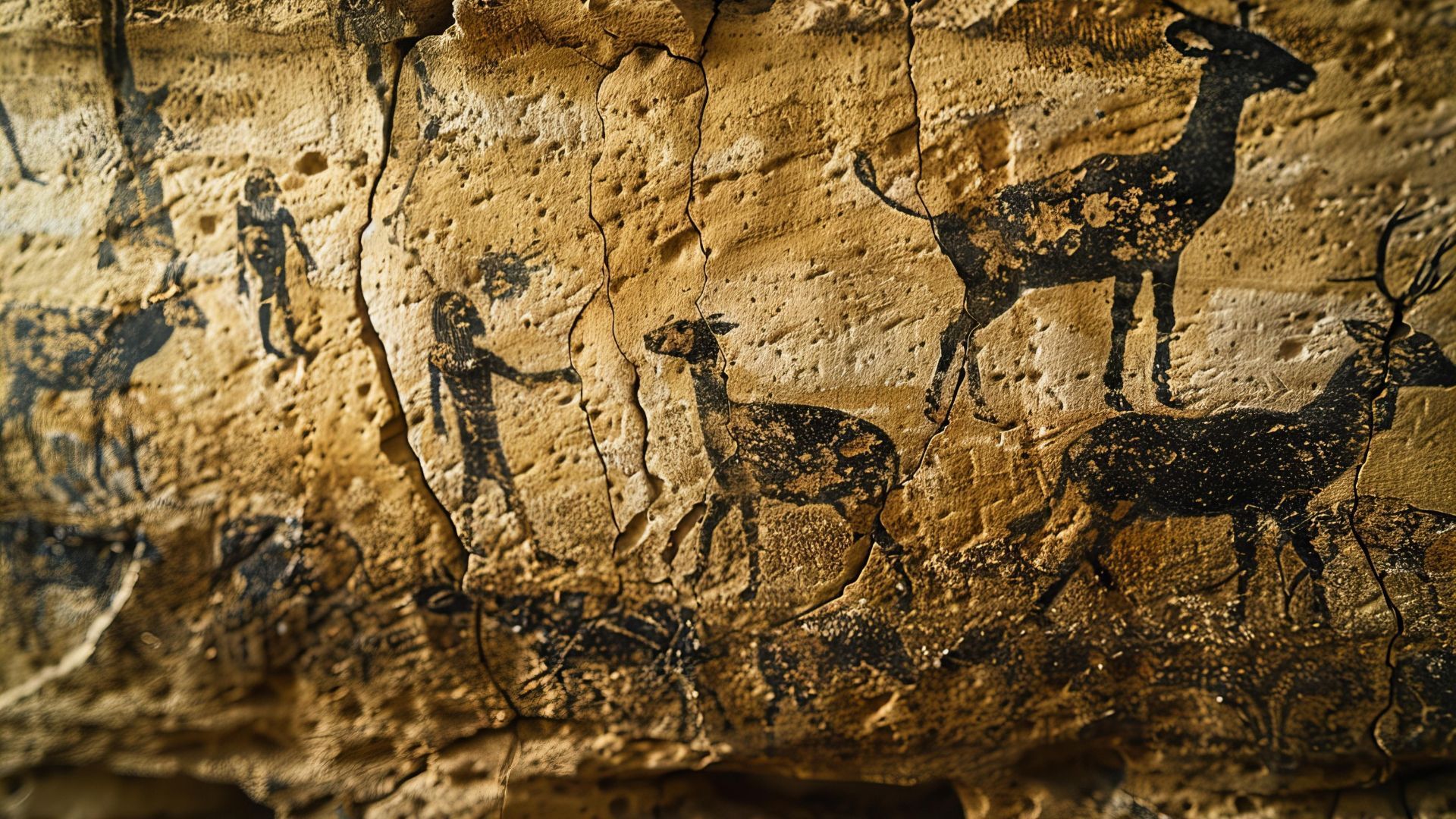 Cave painting of figures and animals on a textured, light-brown rock wall.