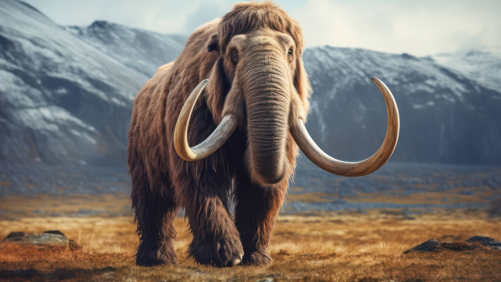 Woolly mammoth walking in a grassy field, mountains in the background.