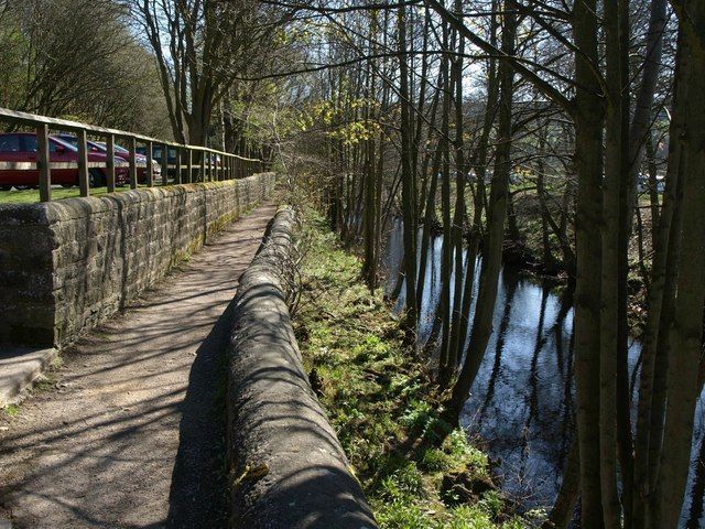 Stone walkway along a river, with a wooden fence and cars on one side and trees on the other.