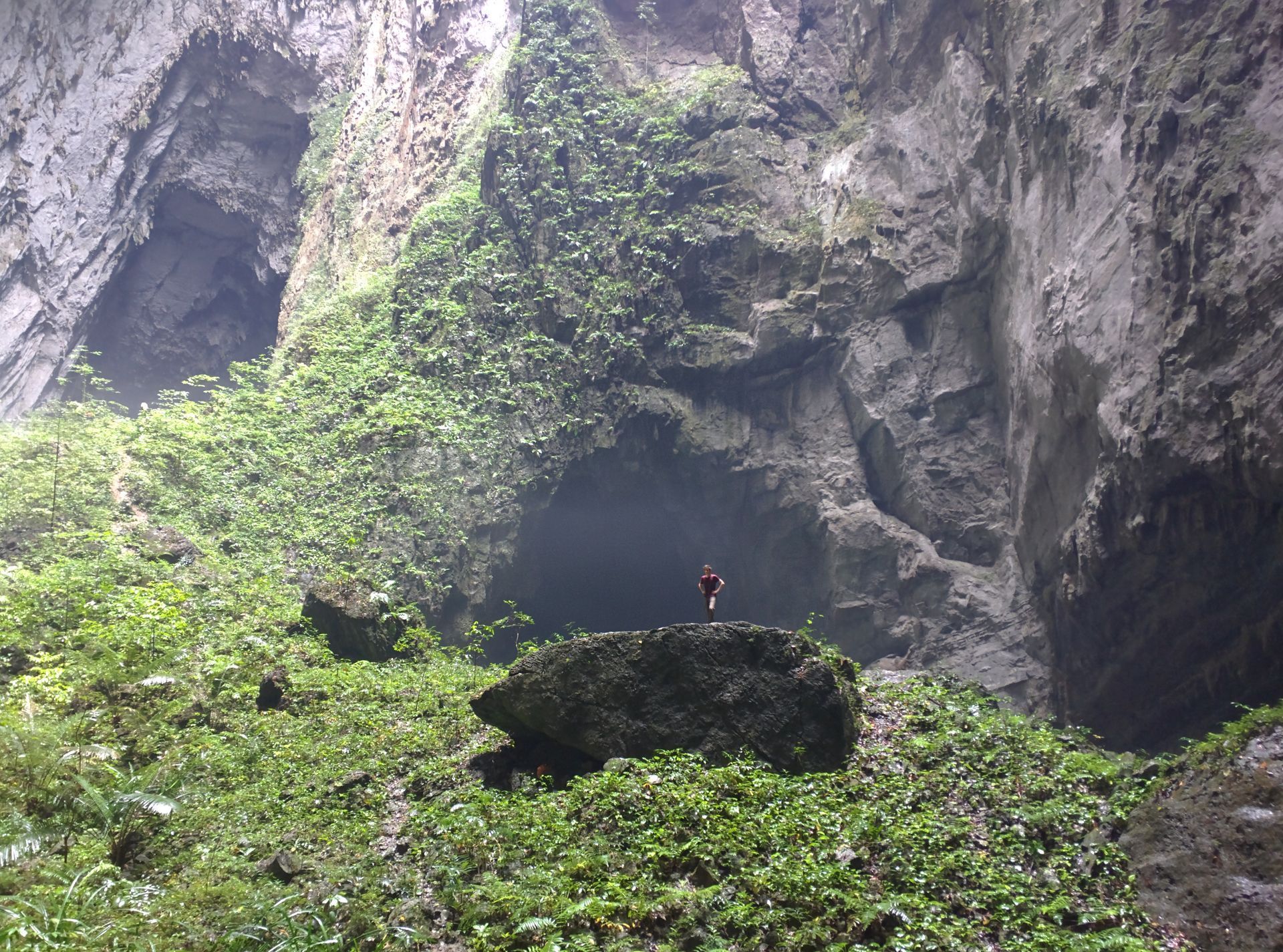Large cave interior, person on rock, lush green vegetation, high stone walls, dark opening.