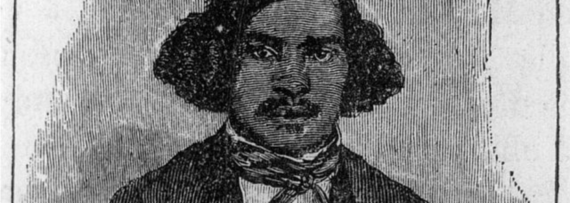 Portrait of a man with dark hair and mustache, wearing a suit and cravat, in a woodcut style.