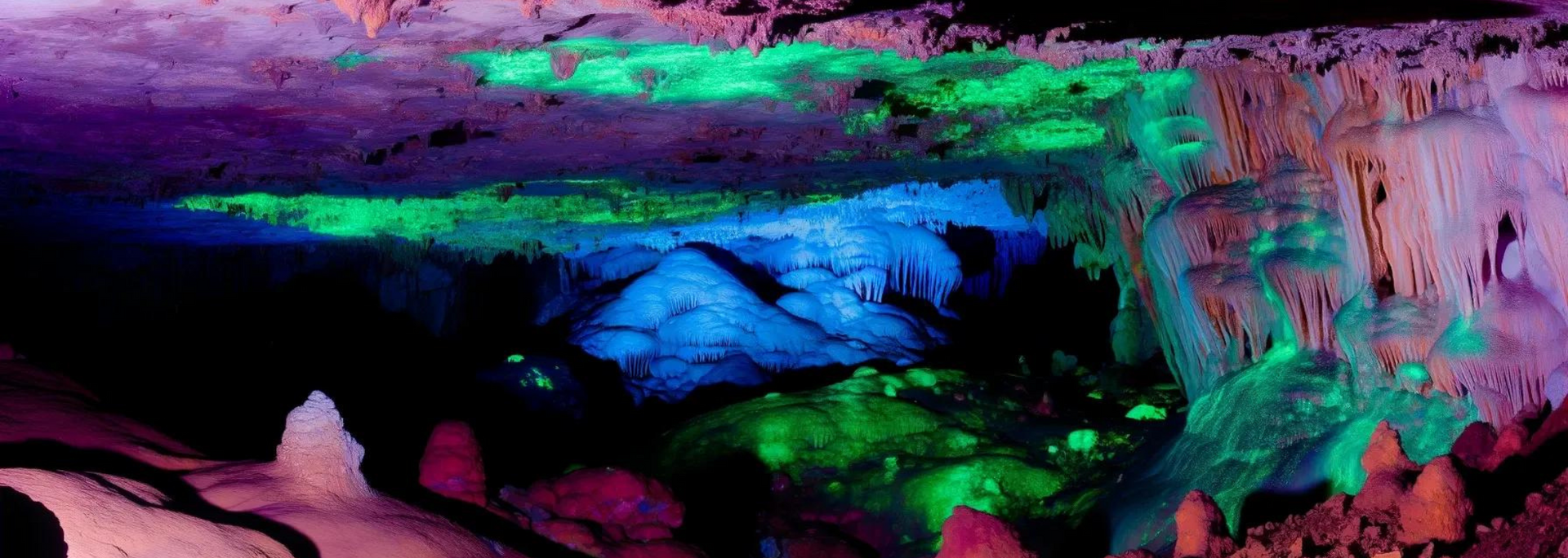 A colorful cave interior with green and blue highlights on rock formations.