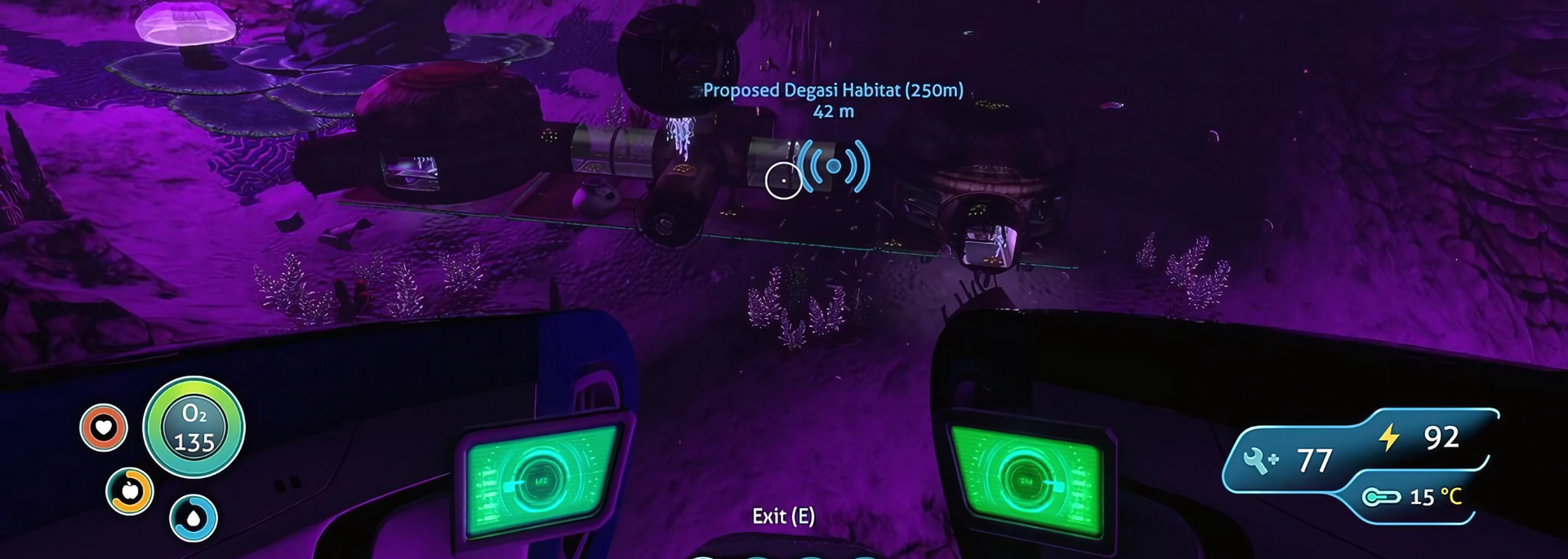 A first-person view of an underwater environment in a game with purple lighting and a vehicle cockpit.