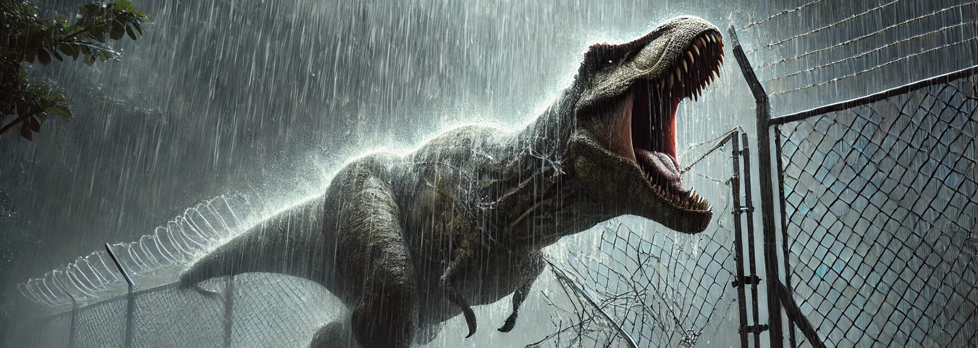 A Tyrannosaurus Rex roars in the rain behind a chain-link fence.