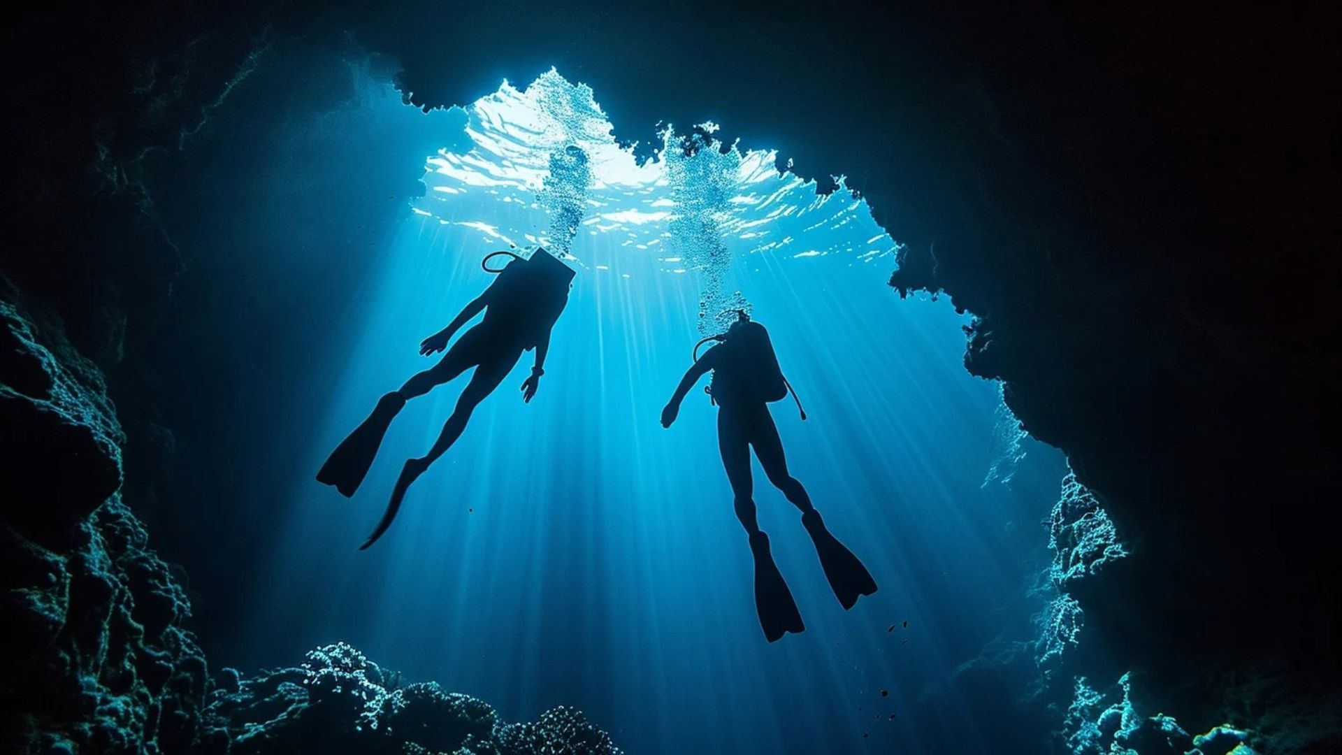Two scuba divers silhouetted in a dark underwater cave, sunlight streams down through opening.