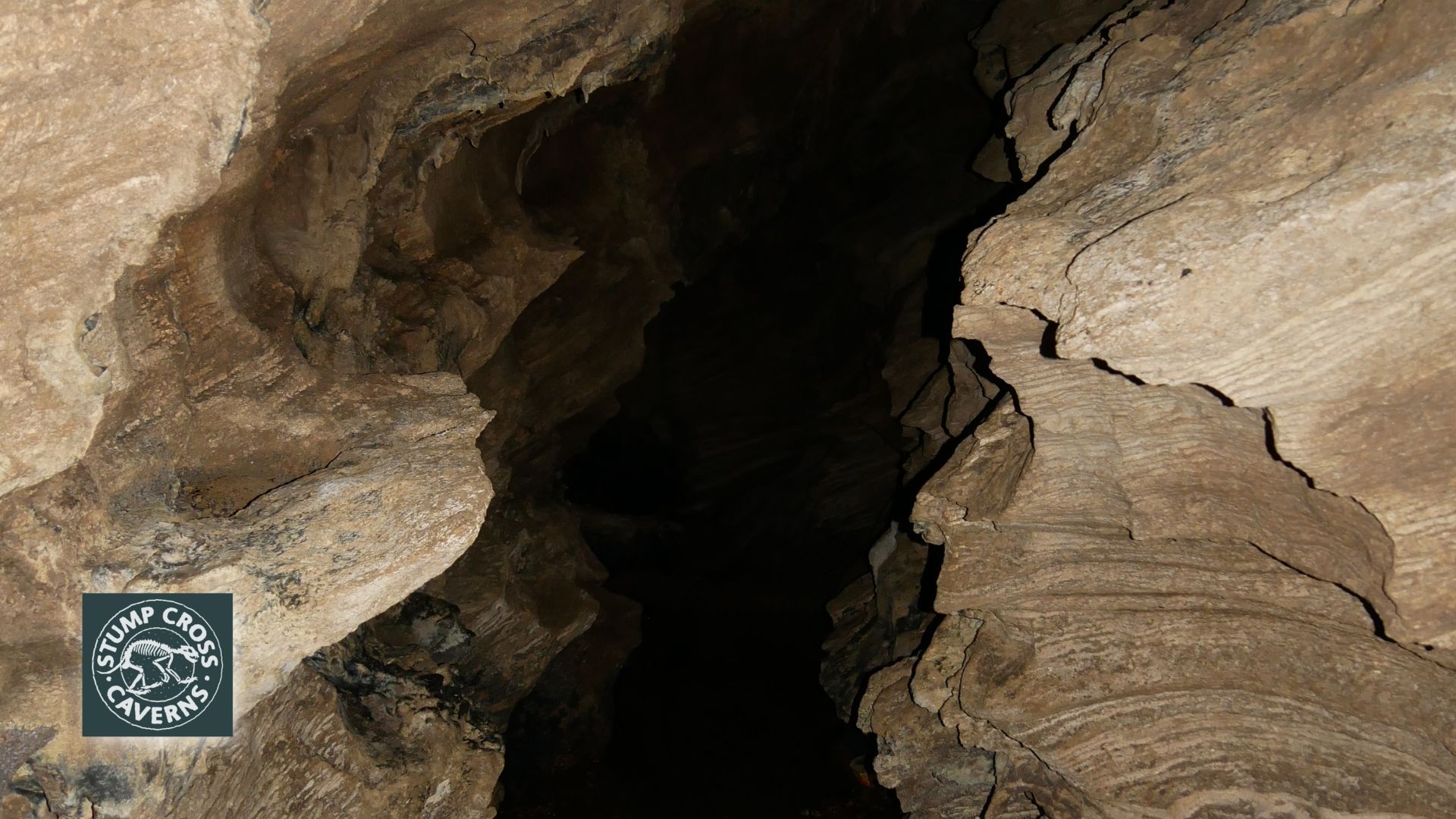 A dark cave opening with light brown layered rock walls.
