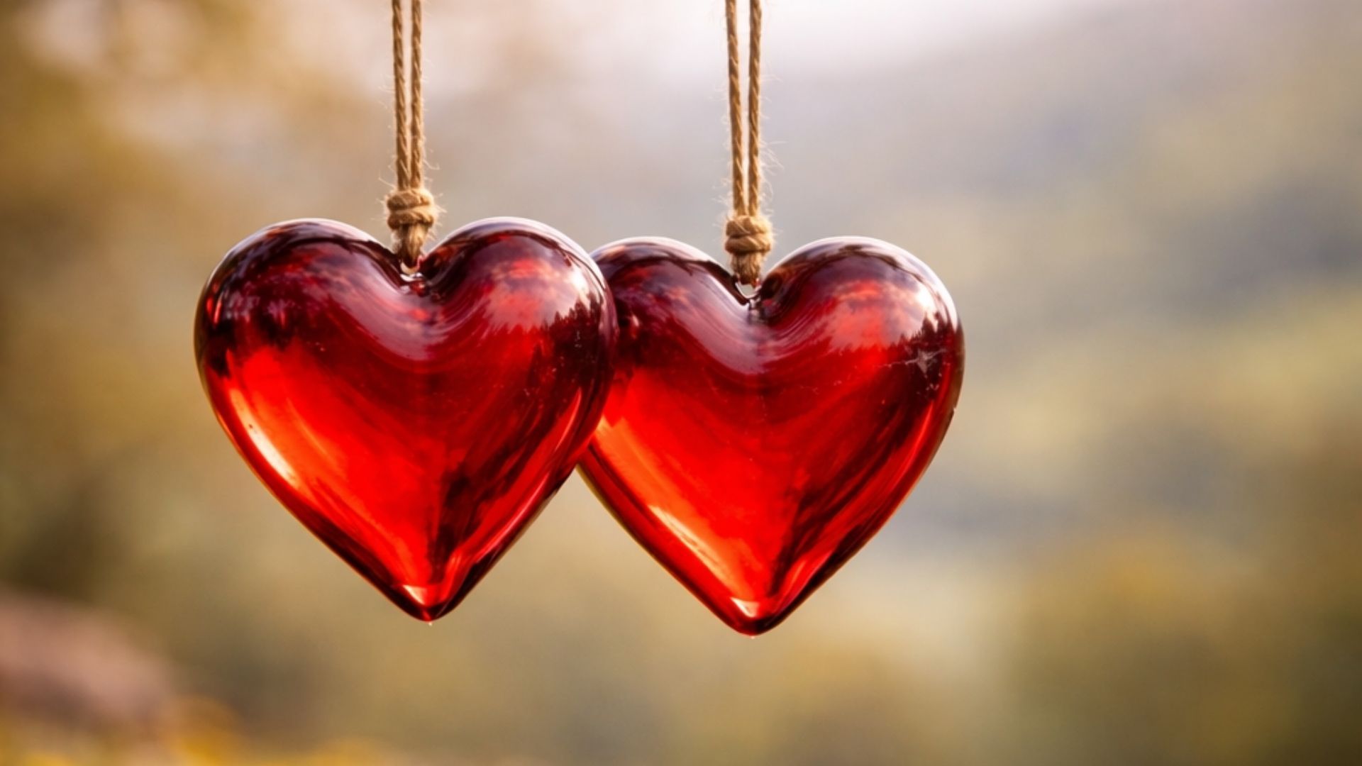 Two shiny red heart ornaments hanging from strings against a blurred, natural background.