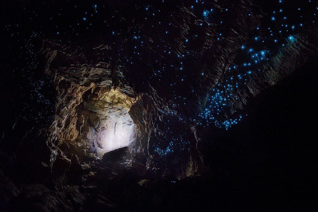 Dark cave with glowing blue lights on the ceiling, resembling stars. Light shines on the cave walls.