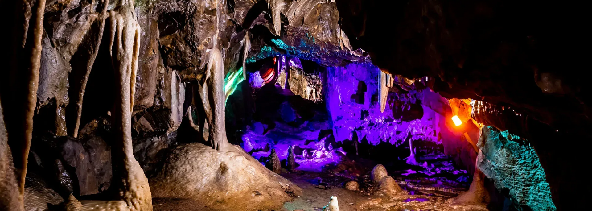 Inside of a cave with stalactites, purple and green lights illuminate the rock formations.