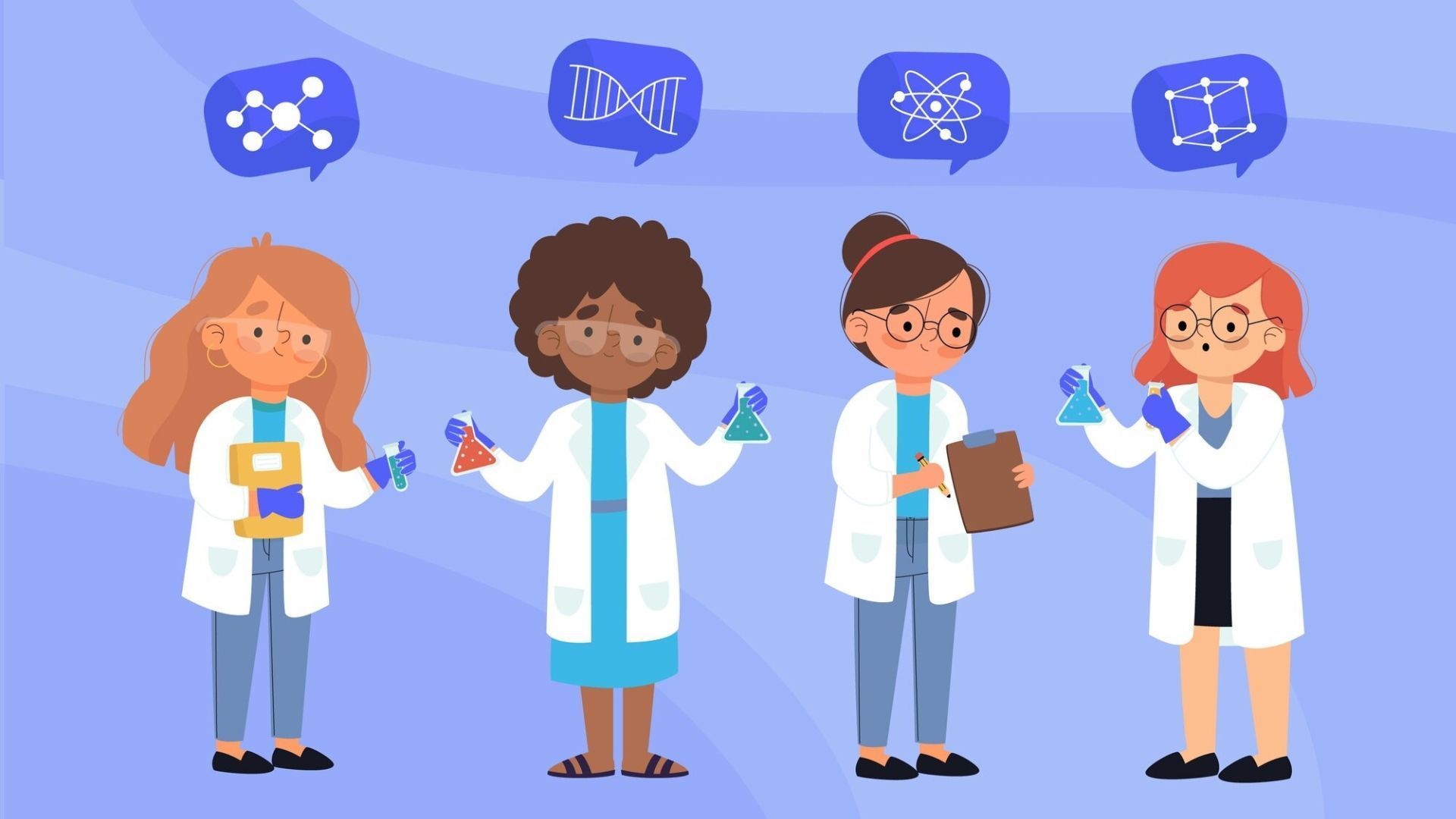 Four scientists in lab coats, with thought bubbles of scientific symbols above.