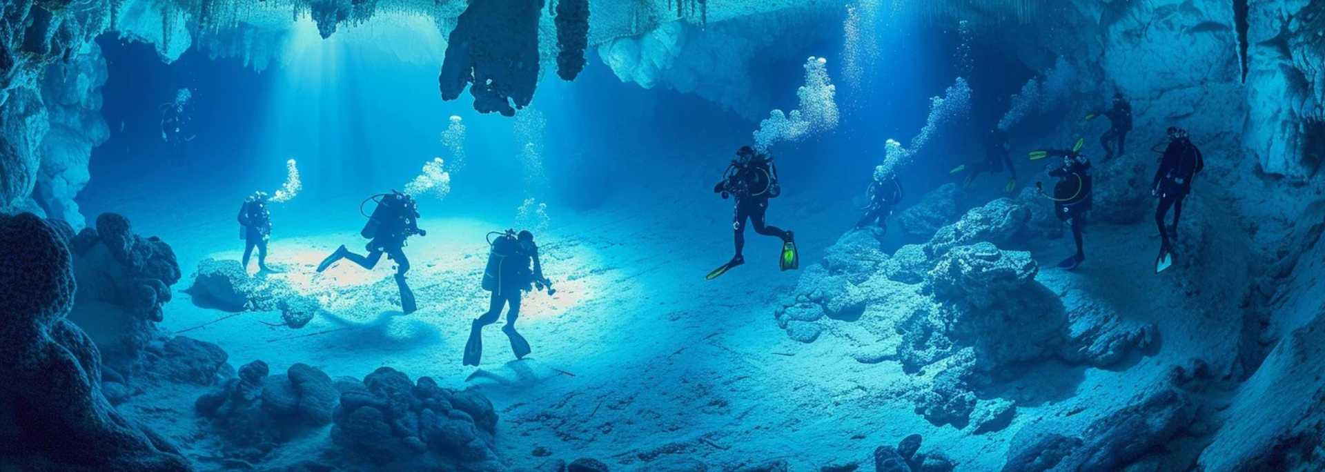 Divers explore an underwater cave, illuminated by beams of sunlight filtering through the water.