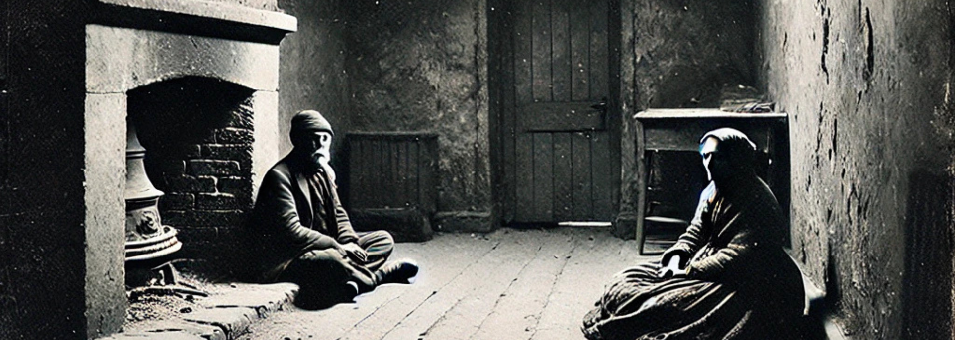 Two people sit on the floor by a fireplace. A dark room with a door and side table. Black and white.
