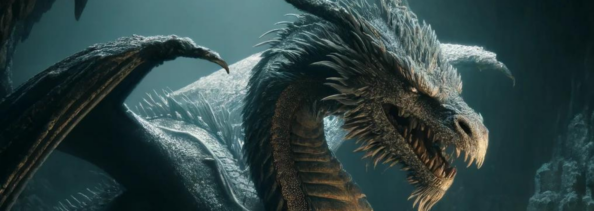 A close-up of a dragon's face, with a menacing expression, set in a dark cavern.