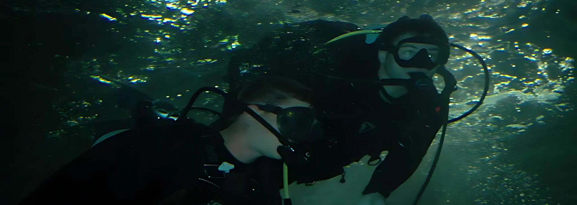 Two scuba divers underwater, with gear, in a murky green environment.