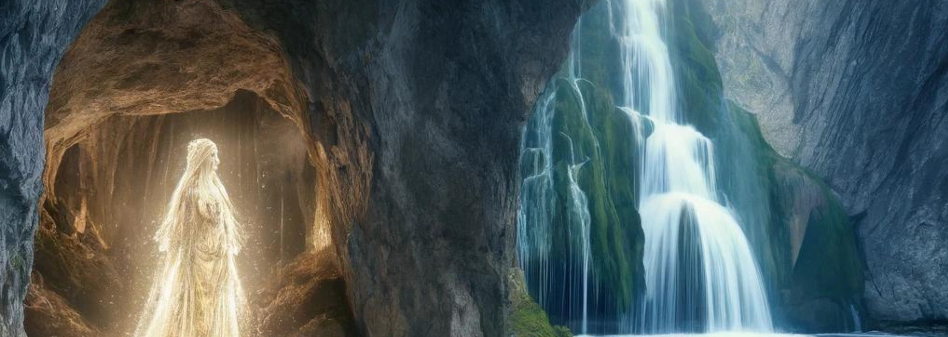 A glowing figure stands in a cave illuminated by ethereal light, next to a waterfall.